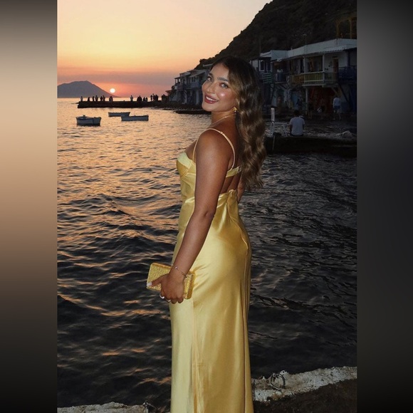 Beginning Boutique Yellow Satin Midi Dress - Picture 2 of 16